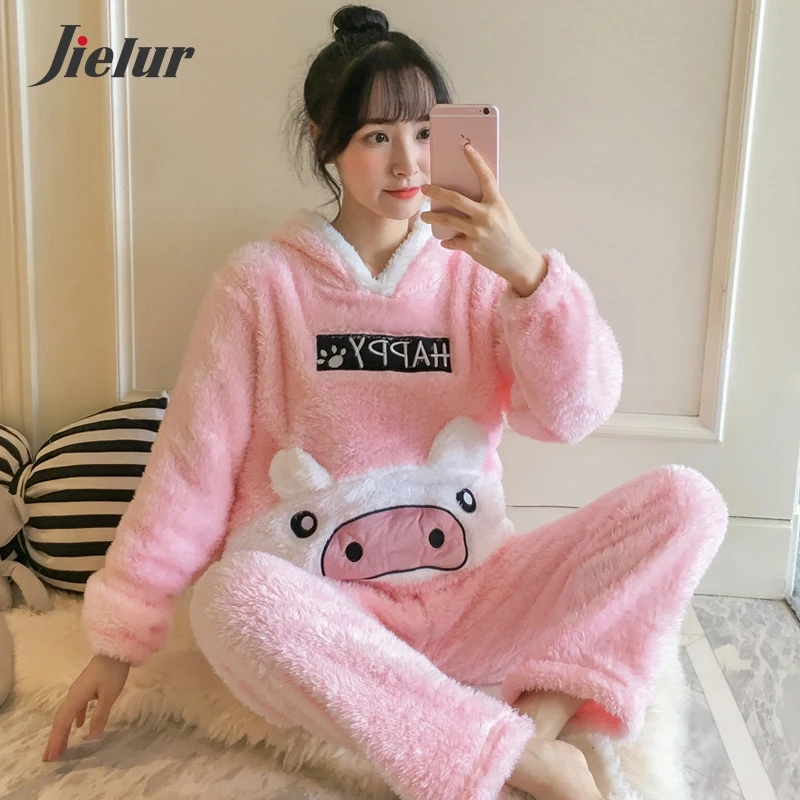 Jielur Fleece Cute Cartoon Hooded Women Pajama Sets Long Sleeve Shirt+Pants Winter Thick Warm Femme Pijama Feminino Home suit