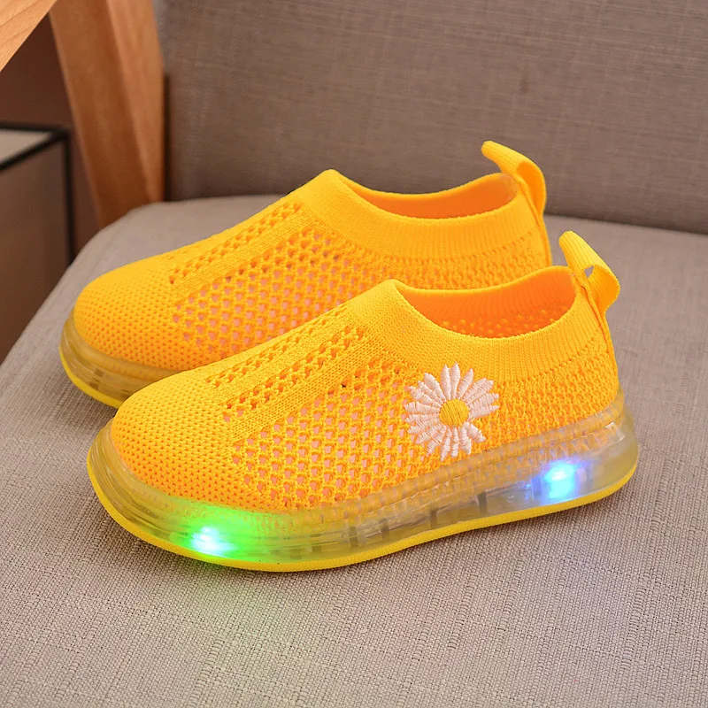 Children's Air Mesh LED Light Sports Shoes Summer Breathable Boys Girls Luminous Daisy Flower Sneakers Kids Toddler Baby XZ19094