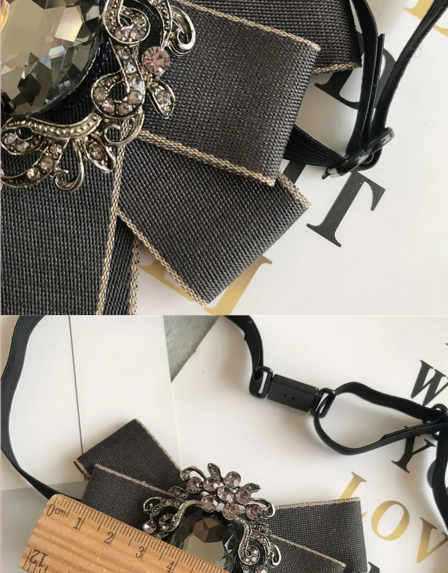 Strass-Schleifenkrawatte für Damen – Abschlussfeier, Foto-Requisite, Schuluniform, Schleifenband, süße, literarische und künstlerische Karo-Schleifenkrawatte, Kragenblume – Detail 5