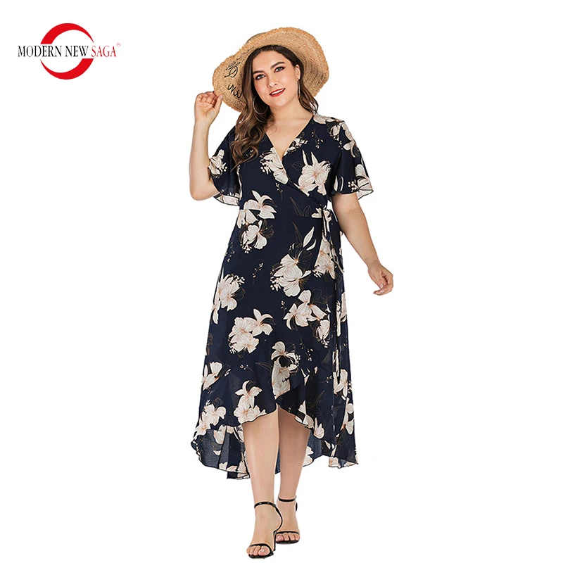 Vestido de verano de manga corta con flores para mujer, traje largo de estilo vendaje, a la moda, talla grande, 2023