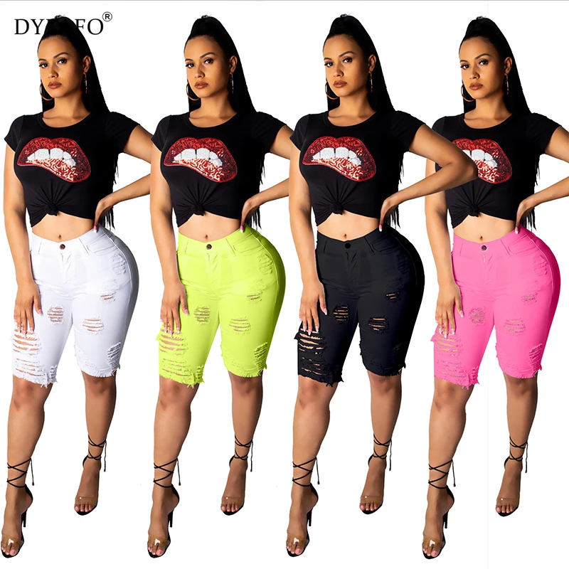 Hot Sale Neon Sexy Jeans Shorts Holes High Stretchy Women 2019 Casual Summer Knee Length Denim Short Trousers Biker Shorts