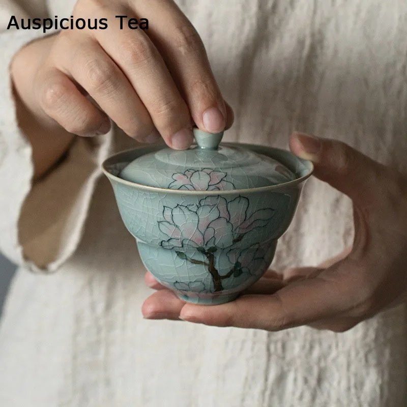 125ml Borneol Glaze Hand-painted Magnolia Covered Bowl Handmade Household Kung Fu Teaset Tea Ceremony Accessories Drinkware Gift