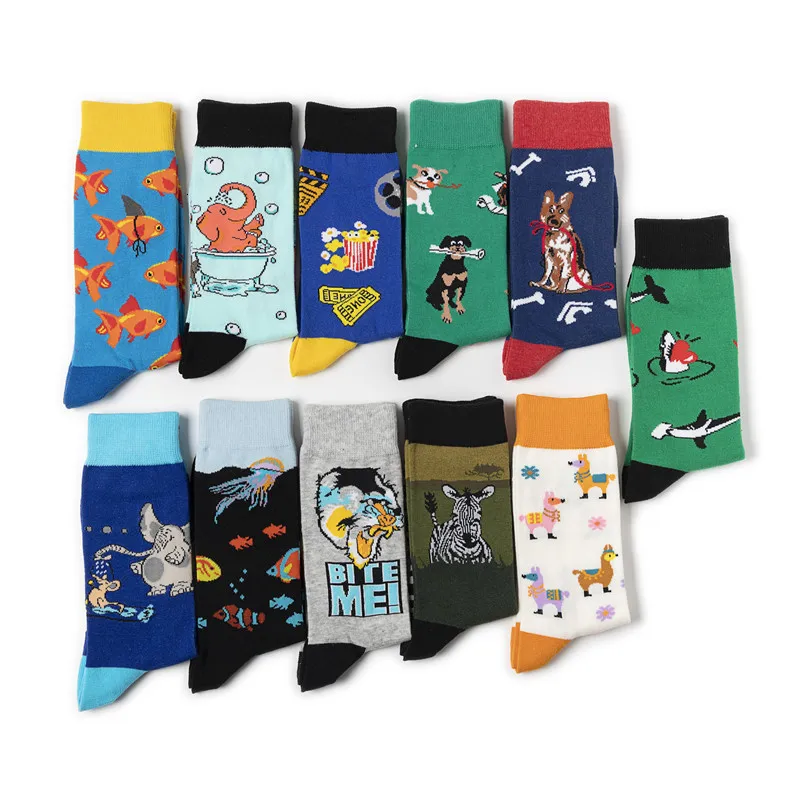 Hrajuku Style Combed Cotton Men\'s Socks Colorful Cartoon Funny Kawaii Dog Cat Elephant Fish Socks Fashion  Spring Sokken