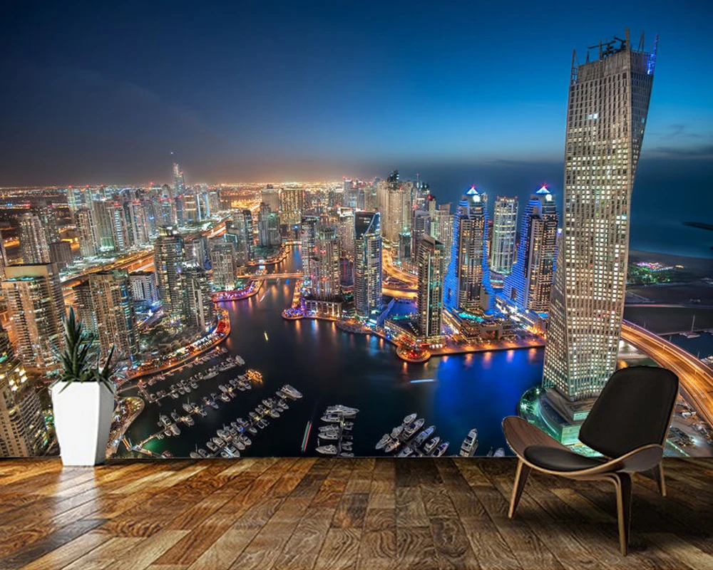 

Papel de parede Brightly lit Dubai Marina at night-skyscrapers city building 3d wallpaper,living room bedroom cafe bar mural