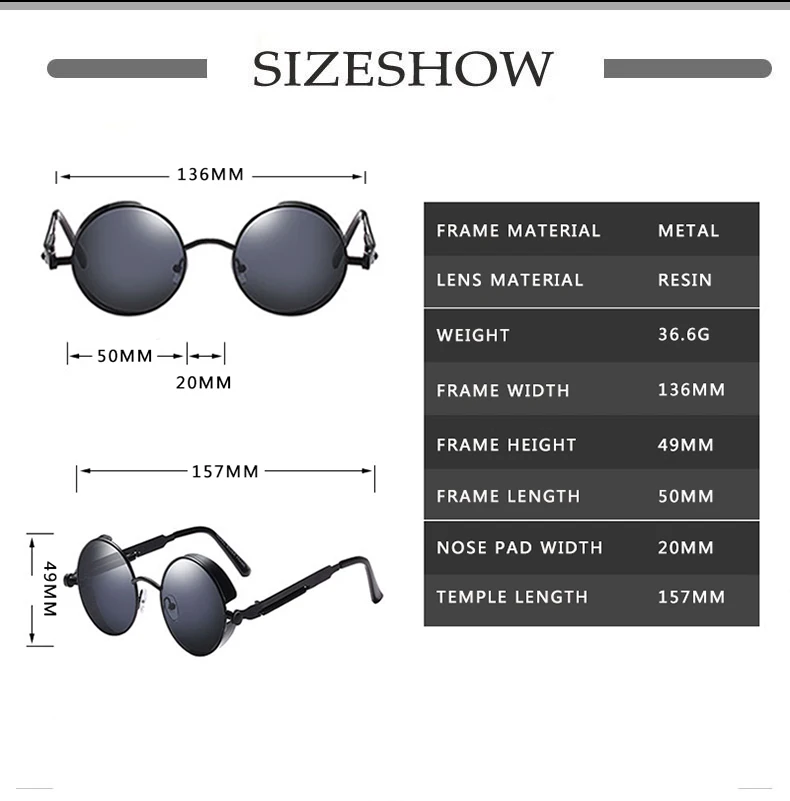 Metall Steampunk Sonnenbrille Männer Frauen Mode Runde Brille Marke Design Vintage Sonnenbrille Hohe Qualität Oculos de sol – Detail 1