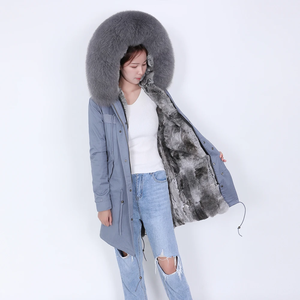 2024 maomaokong Winter women's coat, real rabbit fur lining, fox fur collar, long gray women's parka coat, winter outdoor coat