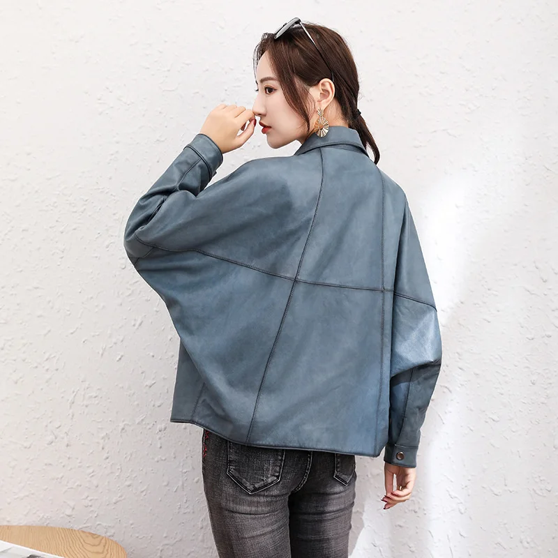 Women Luxury Natural Leather Sheepskin Jacket Multi-Pocket Loose Runway Office Blue Short Jacket Retro Batwing Sleeve Biker Coat