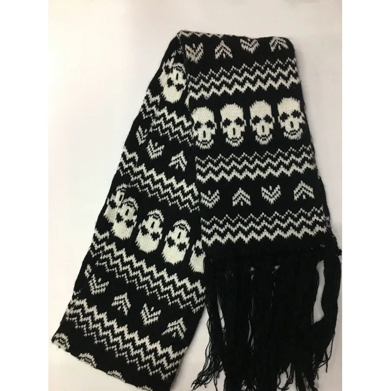 Dragon Skull Scarf Unisex Women Man Winter Knitted Pashmina Shawl Black Acrylic Echarpe Luxury Female Skeleton Wrap with Fringes