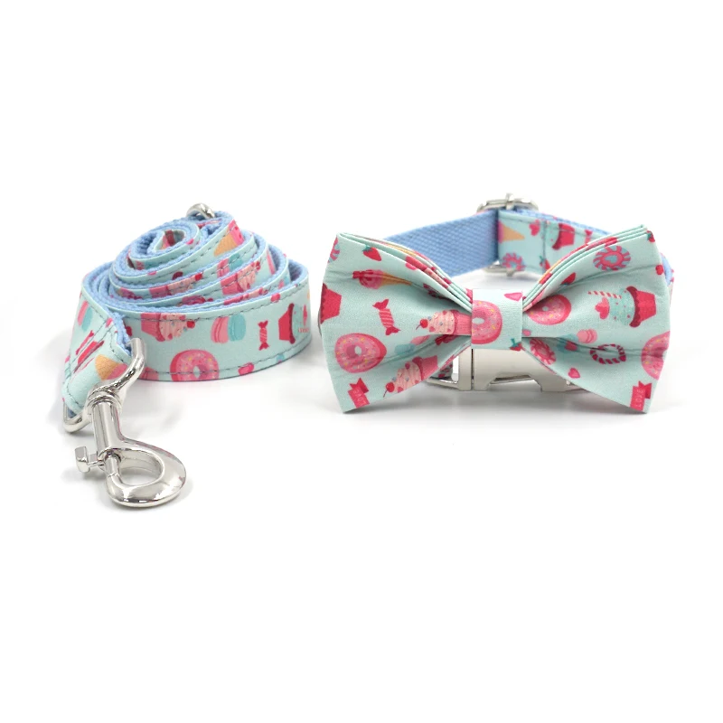 

Bowtie Collar and Leash for Dogs Macaron Print Personalized Dog Collar for Small Big Dogs Soft Cute Puppy Collar Daily Walking