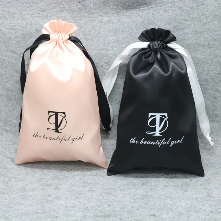 Satin Drawstring Bags Silk Cloth Jewelry/Wigs/Cosmetic/Packaging/Eye Mask Pouches Sachet Ribbon Bag Custom Logo/Size Print 100p