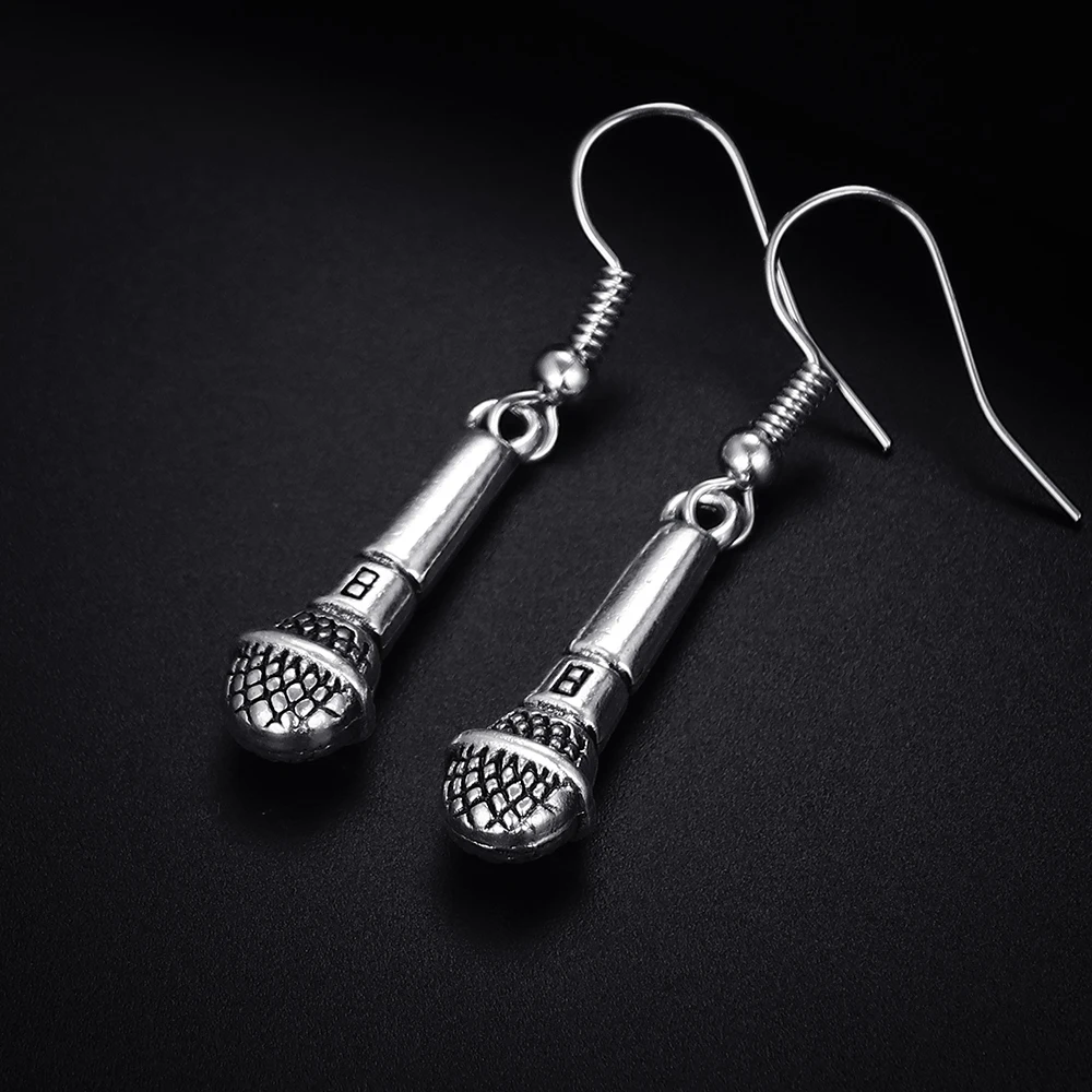 Trendy Vintage Microphone Shape Dangle  Antique Silver Plated Earrings for Women Girl Retro Drop Earrings Cute Earring Jewelry