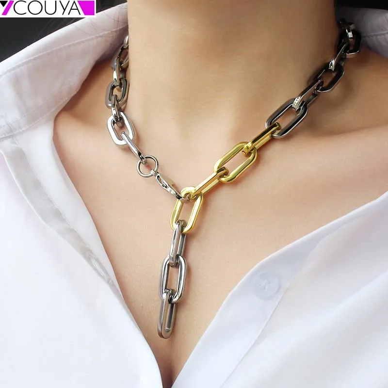 Silver Mixed Gold Color Chain Necklace Punk Chain Choker Necklace Collar Statement Hip Hop Big Chunky Stainless steel Necklace