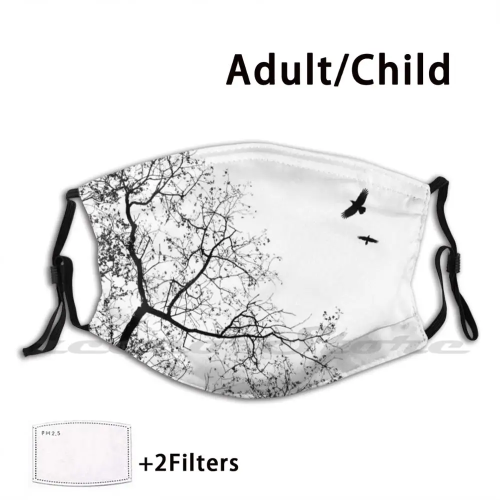 Design 24 Bird Crow Raven Tree Washable Trending Customized Pm2.5 Filter Mask Bird Crow Raven White Black Tree Trees Modern