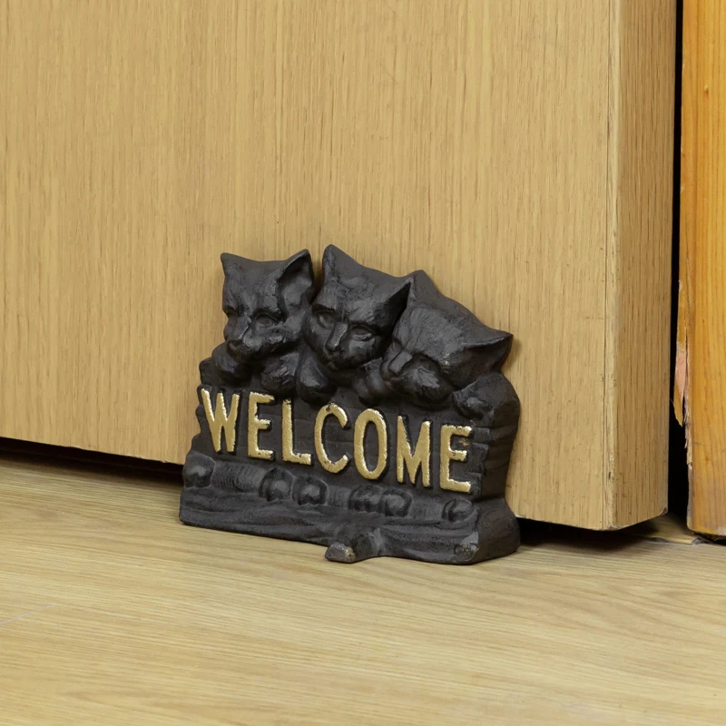Antique Black 3 Cats Cast Iron Door Stop With Gold Welcome Signs On European Home Garden Decor Metal