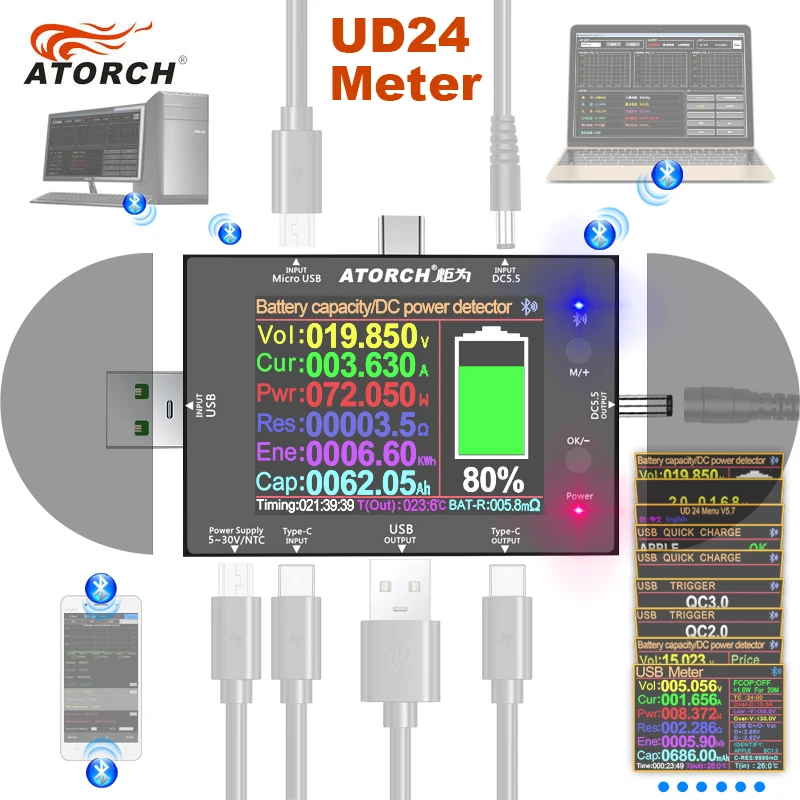 DC5.5 Type-C USB tester digital voltmeter ammeter power bank battery voltage detector volt electric meter + DC adapter