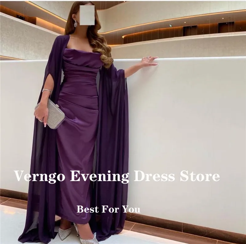 Verngo elegante escuro roxo seda vestidos de noite com manga longa cabo strapless tornozelo comprimento formal vestido de baile feminino ocasião