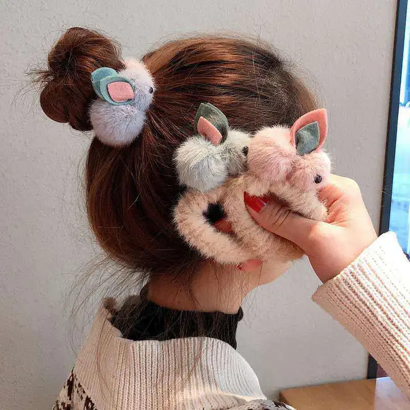 Cute Plush Ball Rabbit Hair Tie Female Tether Korean Elastic Rubber Headband Rabbit Hairpin Children Girl Sweet Hair Accessories