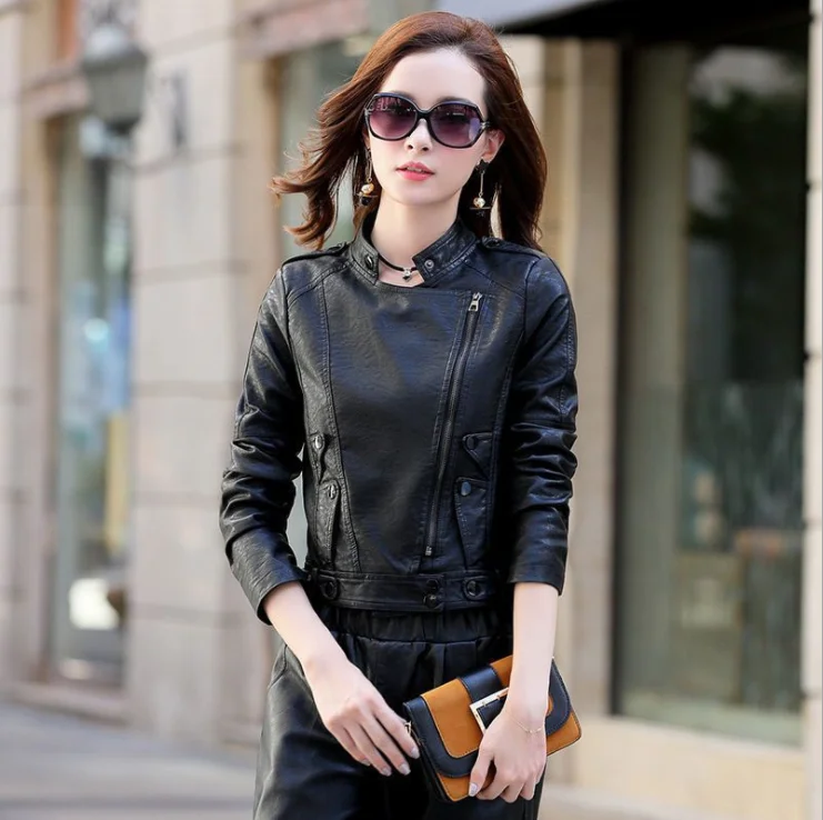 

Trendy Black PU Short Jackets Women Nice Turn Down Collar Coats Women Elegant Moto Biker Side Zipper Jackets Female Ladies