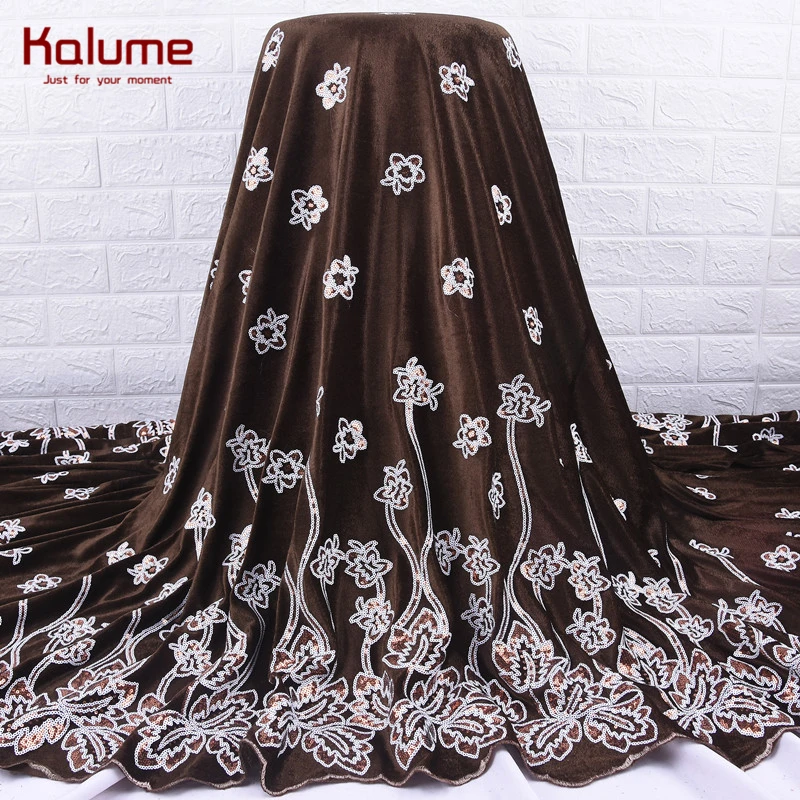 Kalume Velvet African Lace Fabric With Sequins Red French Embroidery Nigerian Velvet Lace Fabric For Wedding Party Sequins 2014