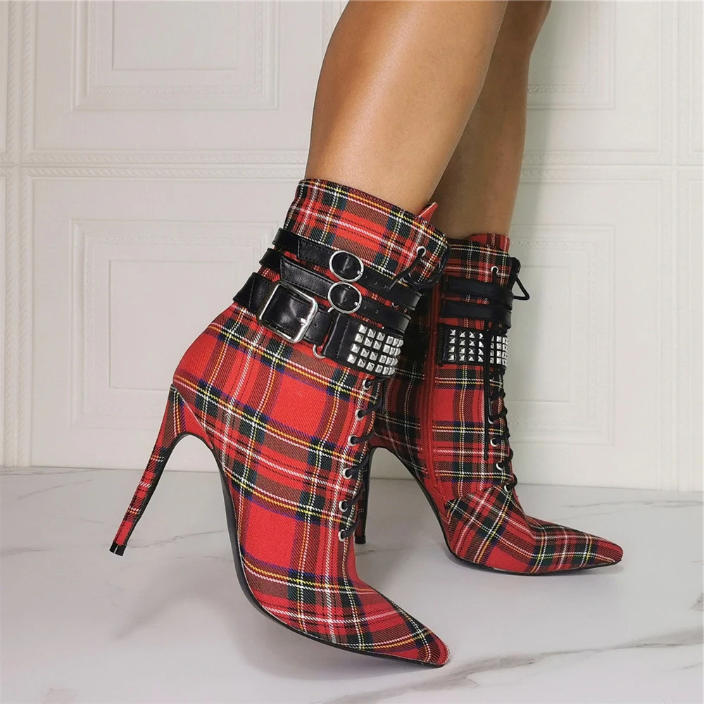 

Kolnoo Real Photos Handmade Ladies High Heel Boots Plaid-Leather Rivets Spikes Buckle Deco Dress Boots Large Size Fashion Shoes