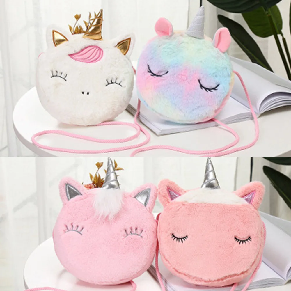 Cartoon Unicorn Shoulder Bag Women Girls Corduroy Square Belt Phone Purse Travel Fur Crossbody Bag Coin Purse Gift