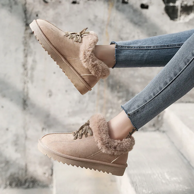 Autumn and Winter 2021 New Snow Boots Women's  ANKLE Lace-up Non-slip Low Cut Add Velvet To Keep Warm Platform Boots Women