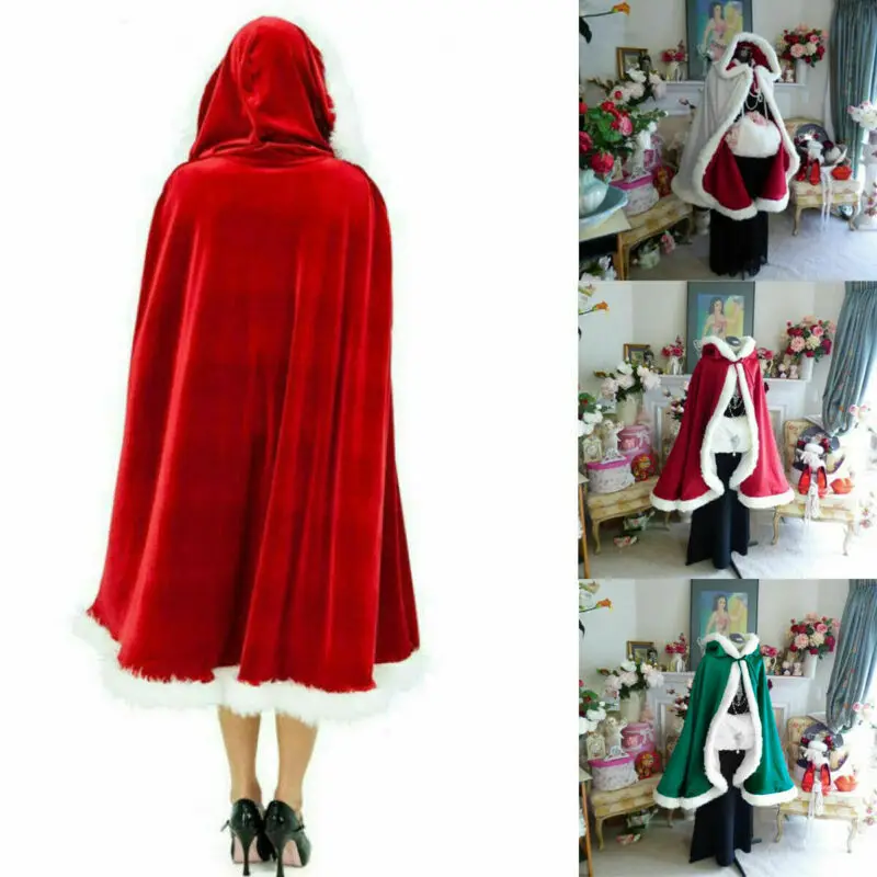 Christmas Costume For Adult Kids Women Hooded Christmas Cloak Mrs Santa Claus Velvet Fur Cloak Capa Red Cloak Cape Party Cosplay