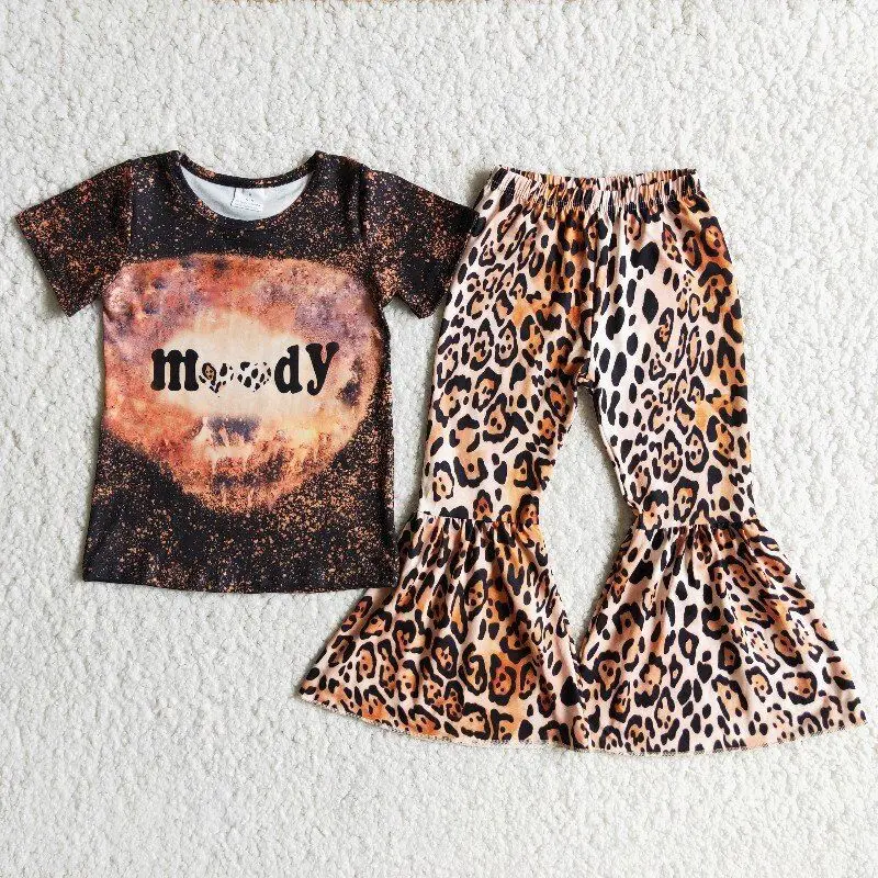 

Girl Leopard Print Suit Letter Pattern Brown Tie Dye Black Short Sleeve Top Leopard Print Bell Pants