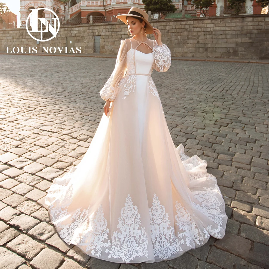 LOUIS NOVIAS Mermaid Wedding Dress 2022 Elegant 2 In 1 With Coat Lace Embroidery Long Sleeve Lace Appliques Vestidos De Novia