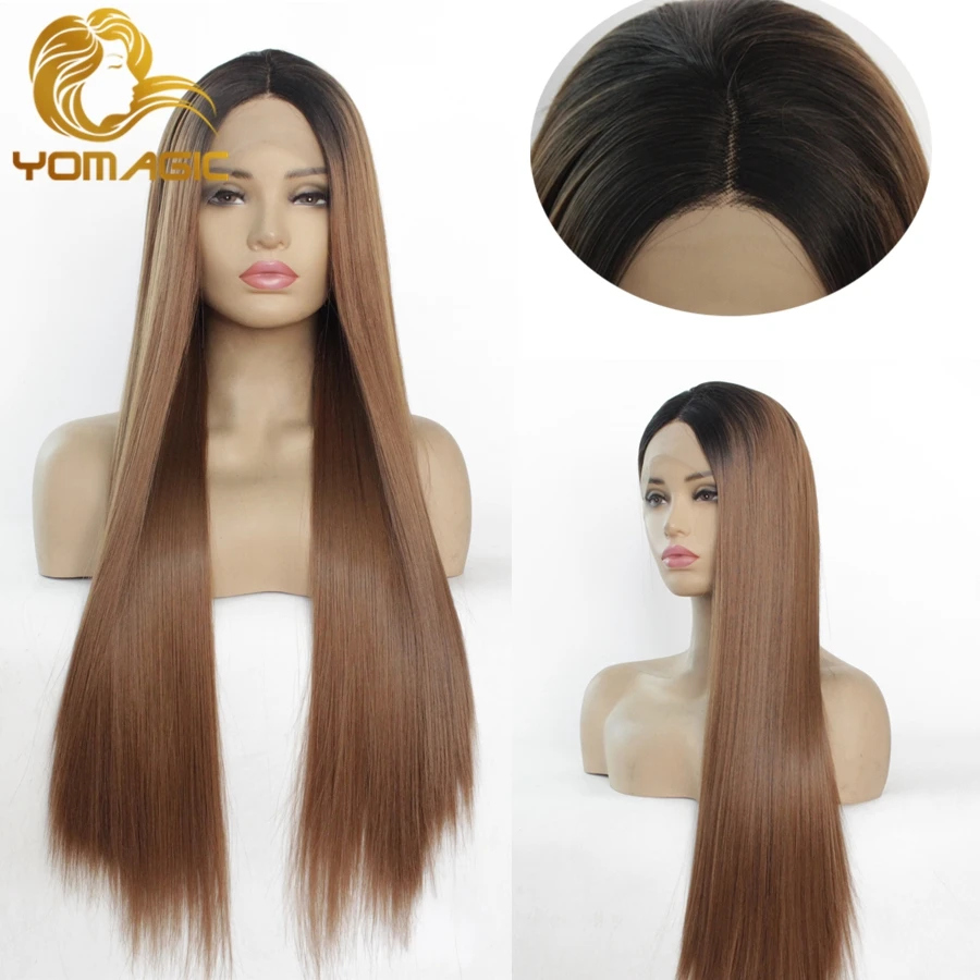 

Yomagic Long Straight Synthetic Hair Lace Front Wigs for Women Natural Hairline Brown Color Synthetic Glueless Lace Wigs