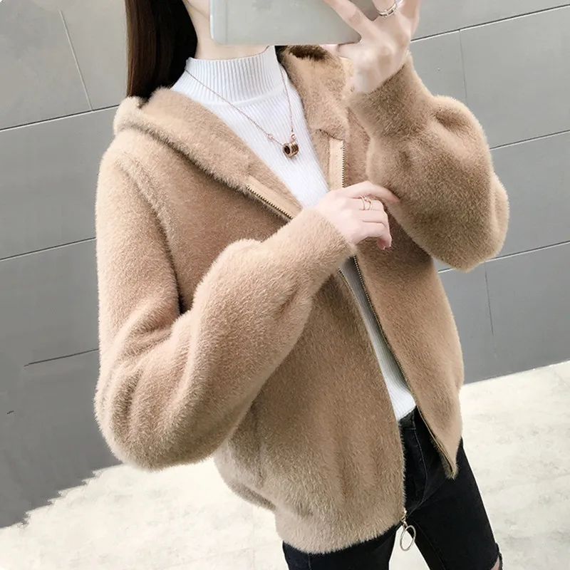 UHYTGF Imitation Mink Short Sweaters Jacket Women Hooded Casual Knit Autumn Winter Coat Cardigan Female Loose Big Size Top 1923