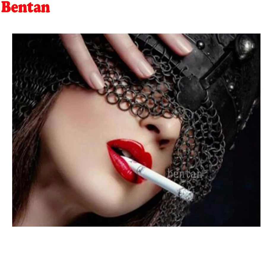 Diamond Mosaic Cross Stitch Kit Embroidery Sexy veil woman red lips cigarette 5D Diamond Painting Portrait Full Square Drill New