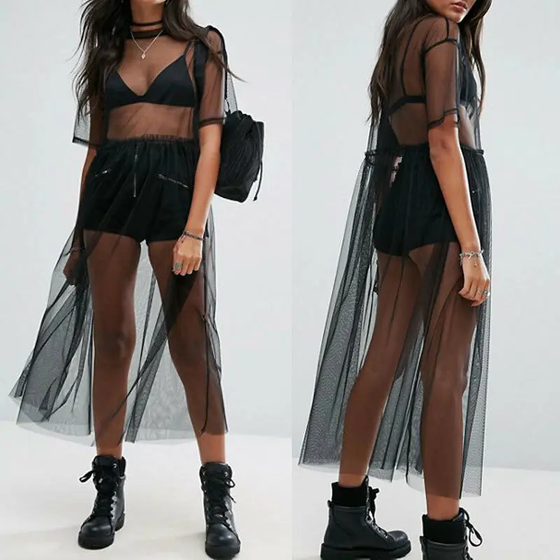 Women See Through Bikini Cover Up Gauze Mesh Midi Dress Sheer Maxi Dress Tulle Lace Long Beach Dress Females Sexy Suit