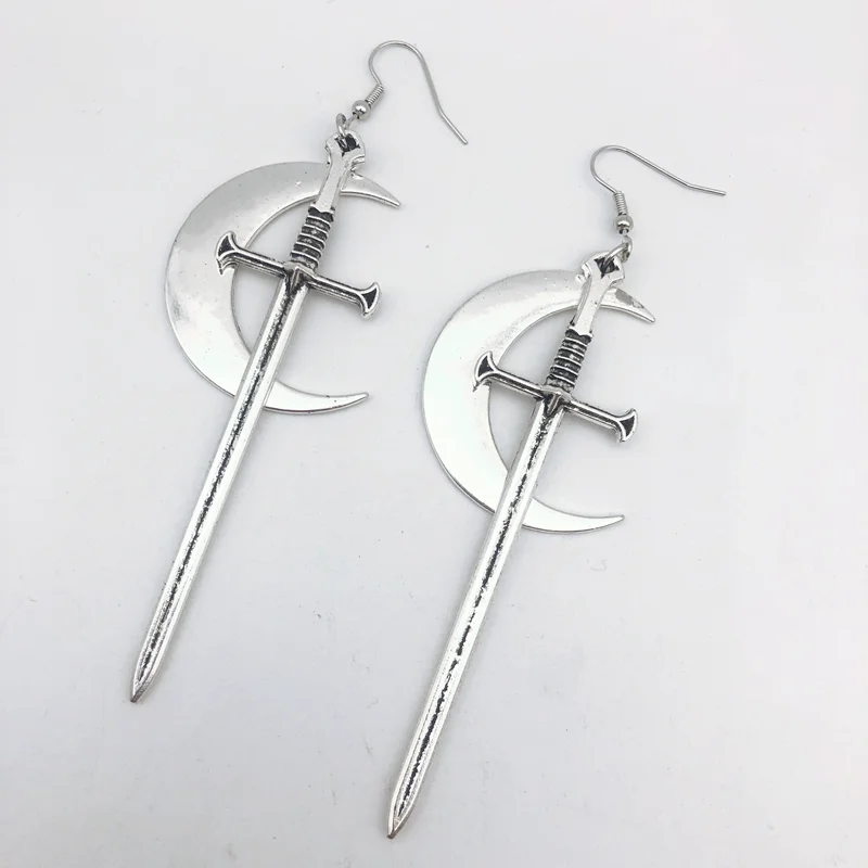 

Swords Moon Earrings Witchy Warrior Pagan Viking Alternative Gothic Medieval Silver Color Classic Warrior Gift Women New