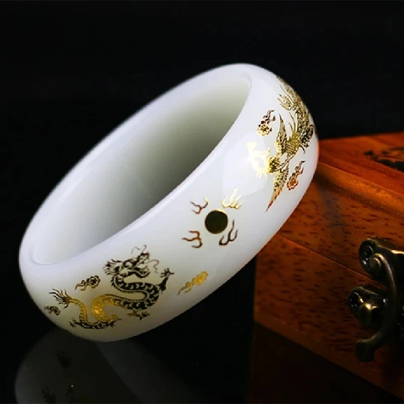 

Natural White Jade Bangles Women Handmade Dragon Phoenix And Bracelet Fashion Jewelry