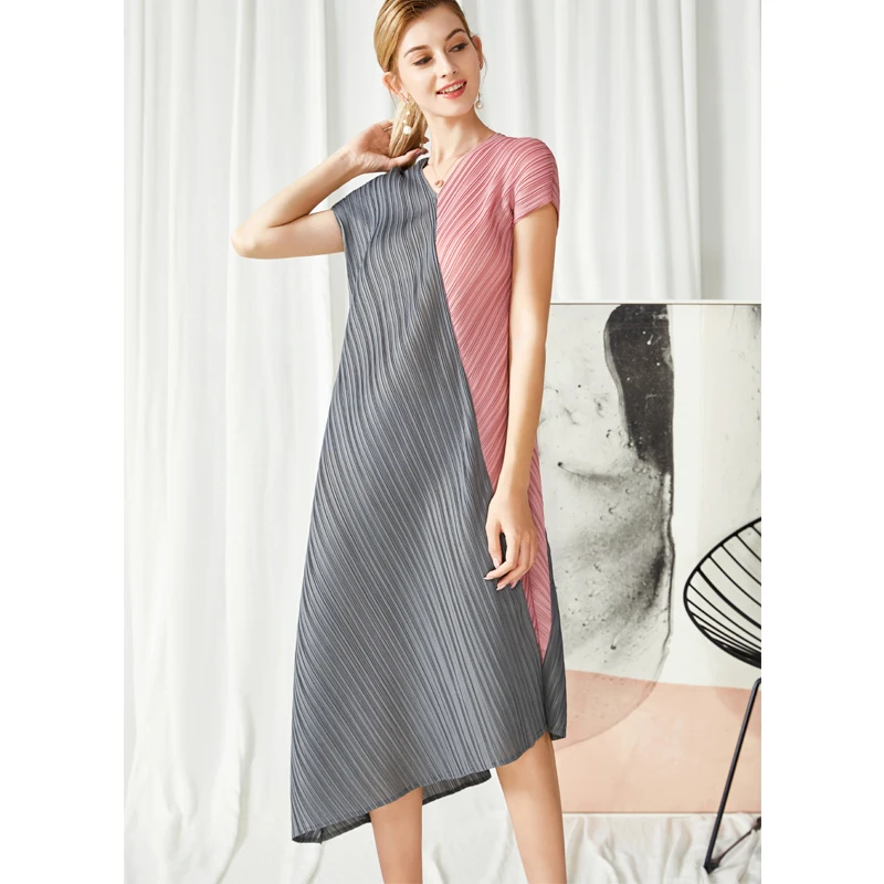

Miyake Pleated women clothing contrasting color Long Skirt 2021 V-neck Loose elegant dresses for women