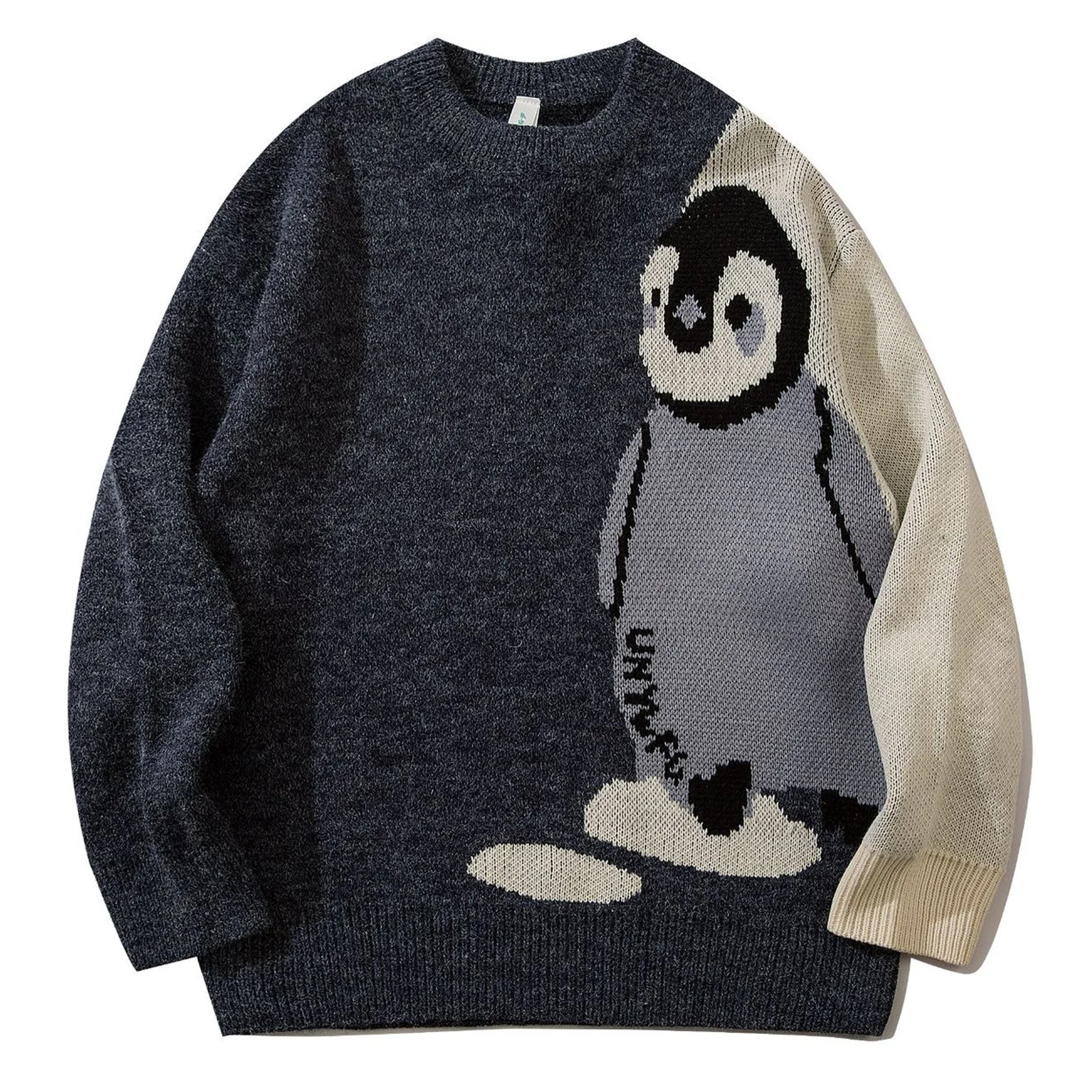 Suéter de punto de pingüino de dibujos animados para hombre y mujer, ropa de calle Harajuku Vintage, Jersey de algodón, suéteres universitarios