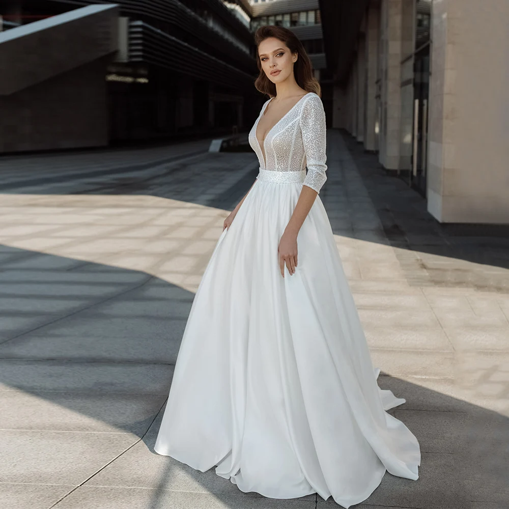 Elegant Satin Shinny Wedding Dress A Line V-Neck with Sleeves Floor Length Customized Sequin Bridal Gown Vestidos De Novia