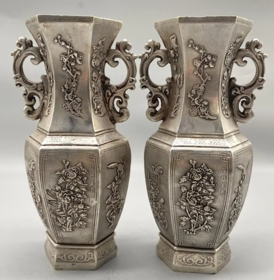 

China White copper archaize flowers Pattern vase crafts statue A pair