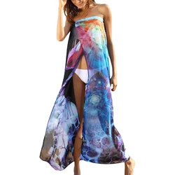 Female Beach Dress Tie-Dyed Sleeveless Strapless Long Dress Bikini Cover Ups for Summer  Black/Yellow Beachwear Biquini