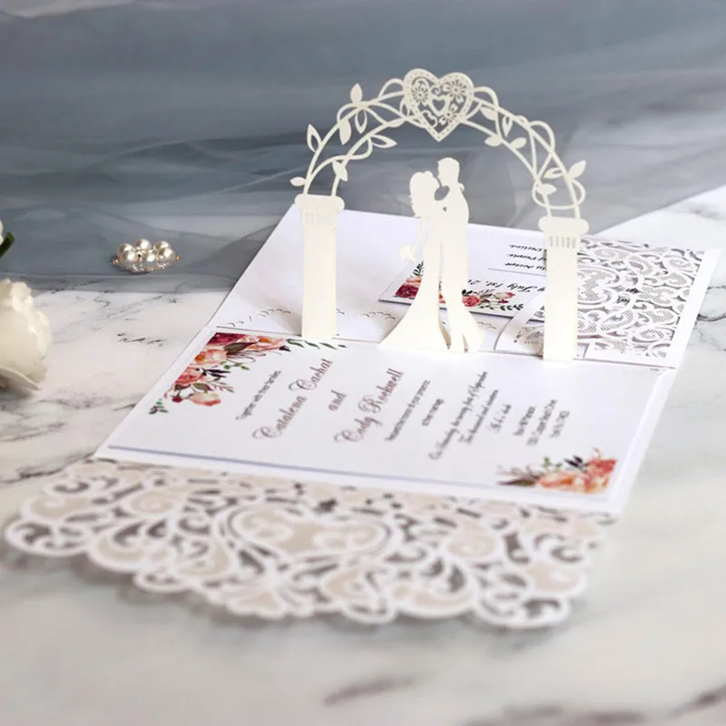 10/20Pcs White Gold Pearl Paper Laser Cut Wedding Invitations Card European Wedding Bridal Shower Decor Gift Greeting Card Kits - view 3