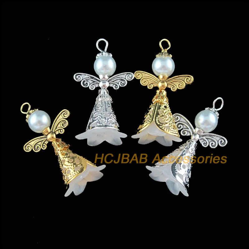 8Pcs Retro Gold Tibetan Silver Tone White Acrylic Angel Charms Pendants 22x37mm