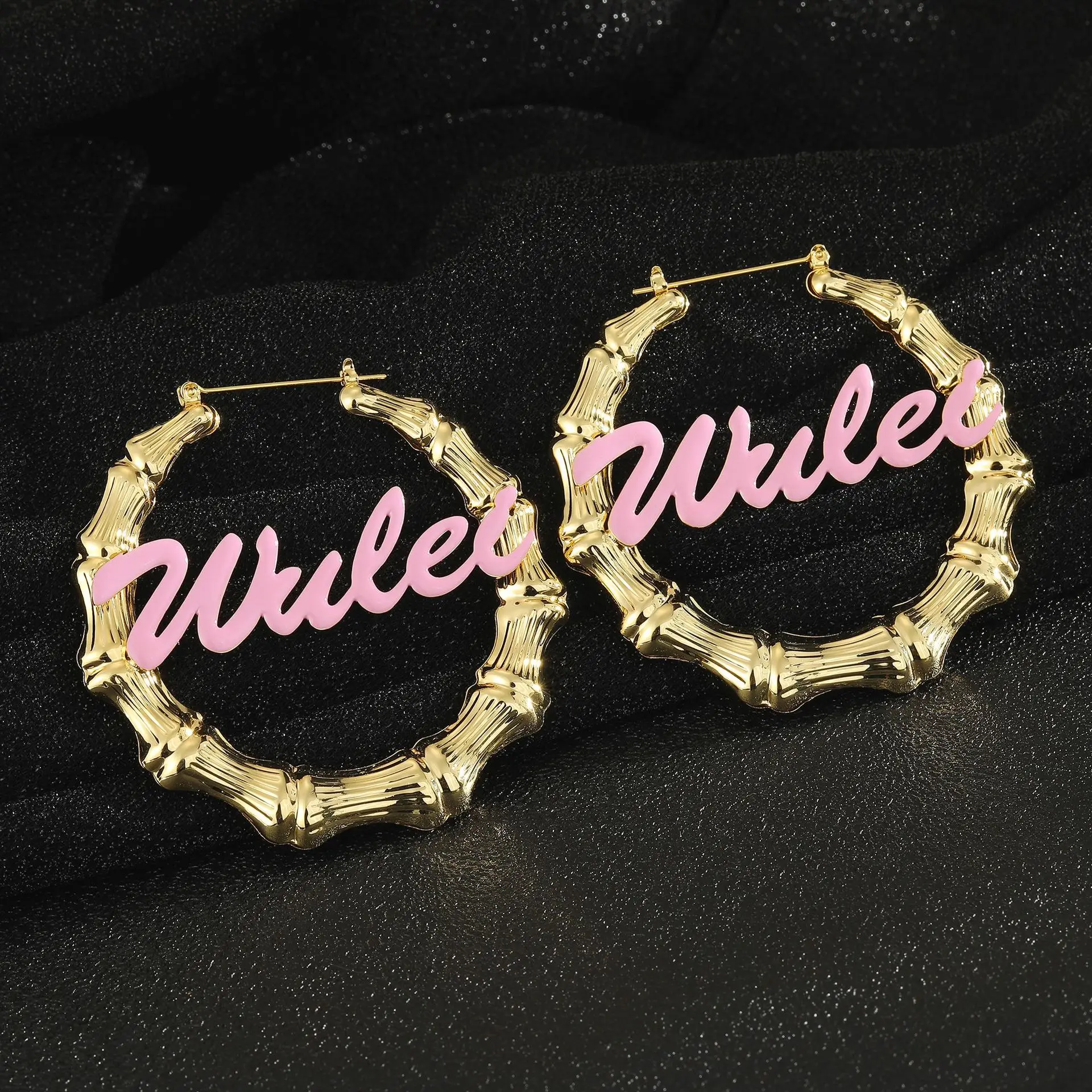 Custom Name Earrings Pink Color Customized Nameplate Hoop Earring Coloful Oil Earrings Name  Hoop Earrings Letter Birthday Gifts