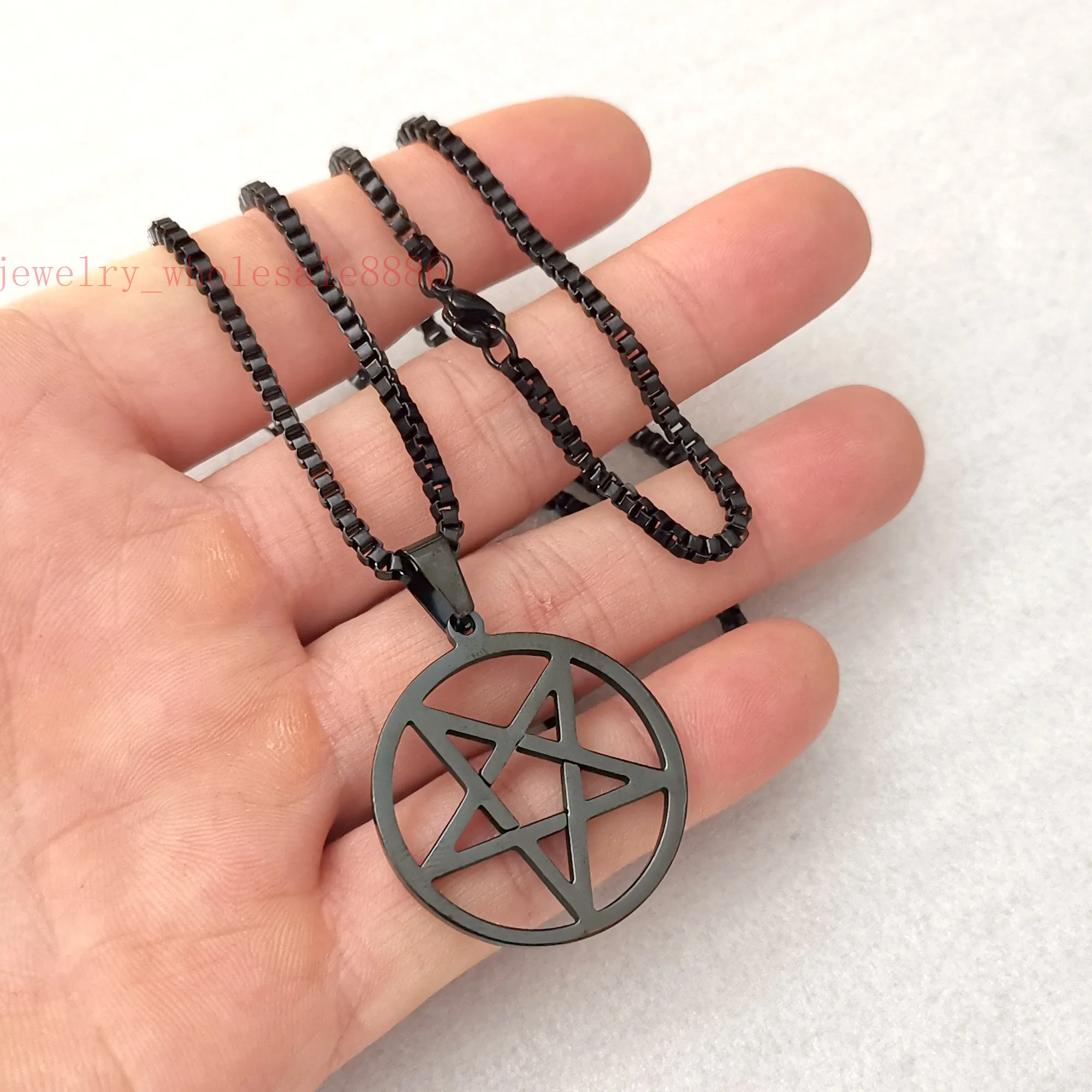 GNAYY  black Stainless Steel Pagan Wicca Inverted Star Pentagram Pendant Necklace box Chain 24inch choose  2.4mm