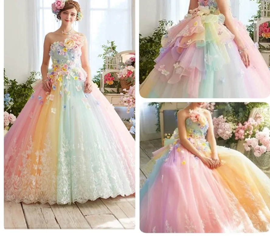 Mooie Kleurrijke Regenboog Tutu Prom Dresses 3D Bloem Kant Puffy Baljurken Vestido Formatura Abiye Ruches Avondjurken