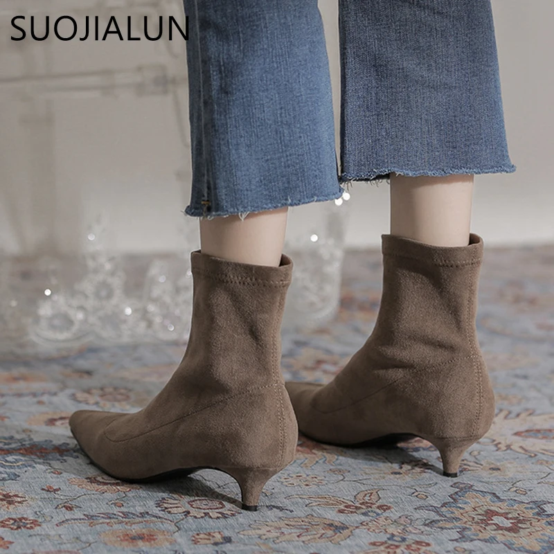 SUOJIALUN High Quality Pointed Toe Ankle Boots Thin Low Heel Slip On Chelsea Boot Shoes Suede Leather Casual Ladies Short Boots