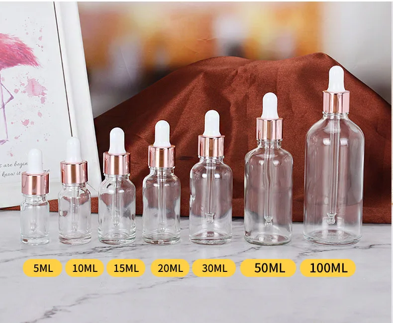 5-100ML Tubes Transparent Dropper Glass Rose Gold Cover Aromatherapy Liquid for Essential Massage Oil Pipette Refillable Bottles