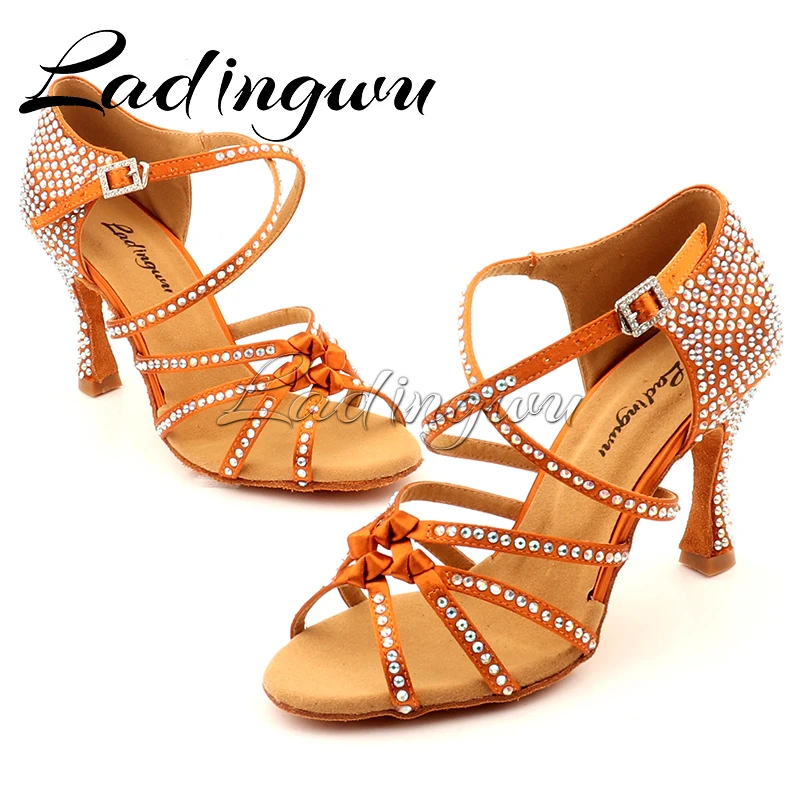 Ladingwu Bronze Silk Satin Latin Dance Shoes Olassic Four-band Knot Rhinestone Salsa Dance Shoes Ballroom Tango Dance Shoes