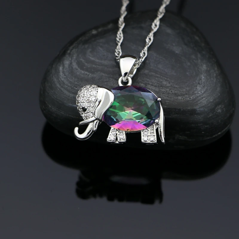 925 Silver Jewelry Sets for Women Elephant Mystic Rainbow Cubic Zirconia Stud Earrings Ring Necklace Pendant Bridal Jewelry