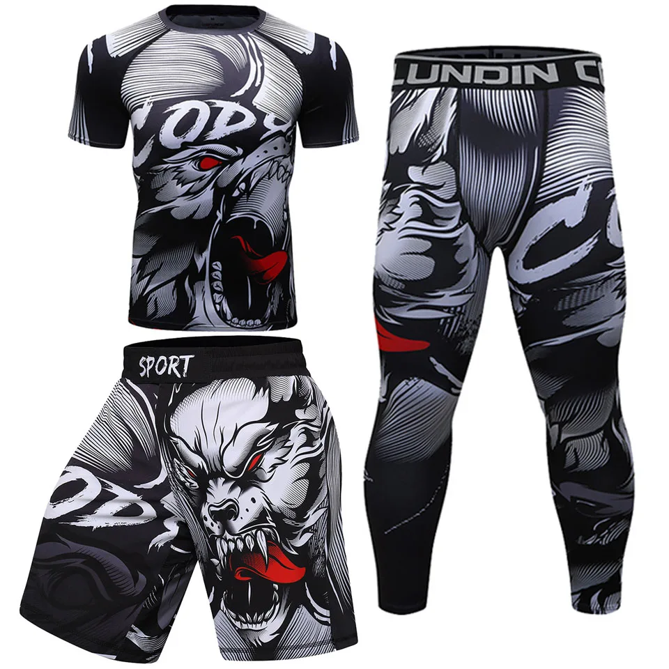 Men Compression running T-Shirt+Pants MMA Work Out Rashguard T Shirt Exercise Fitness Tights Cross fit Rash Guard bjj Jersey